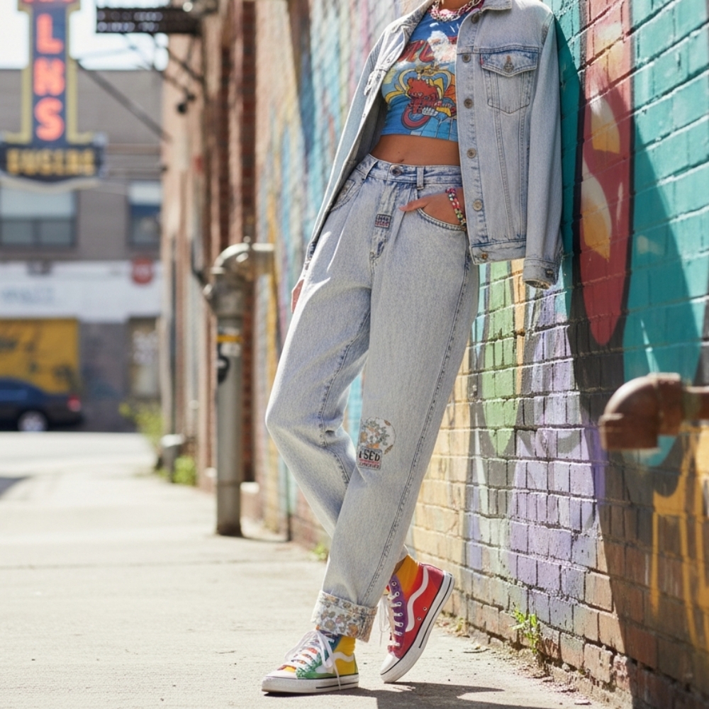 Vtg GET USED by ELIE High Waist Floral Patches Acid Wash Mom Jeans Streetwear 90